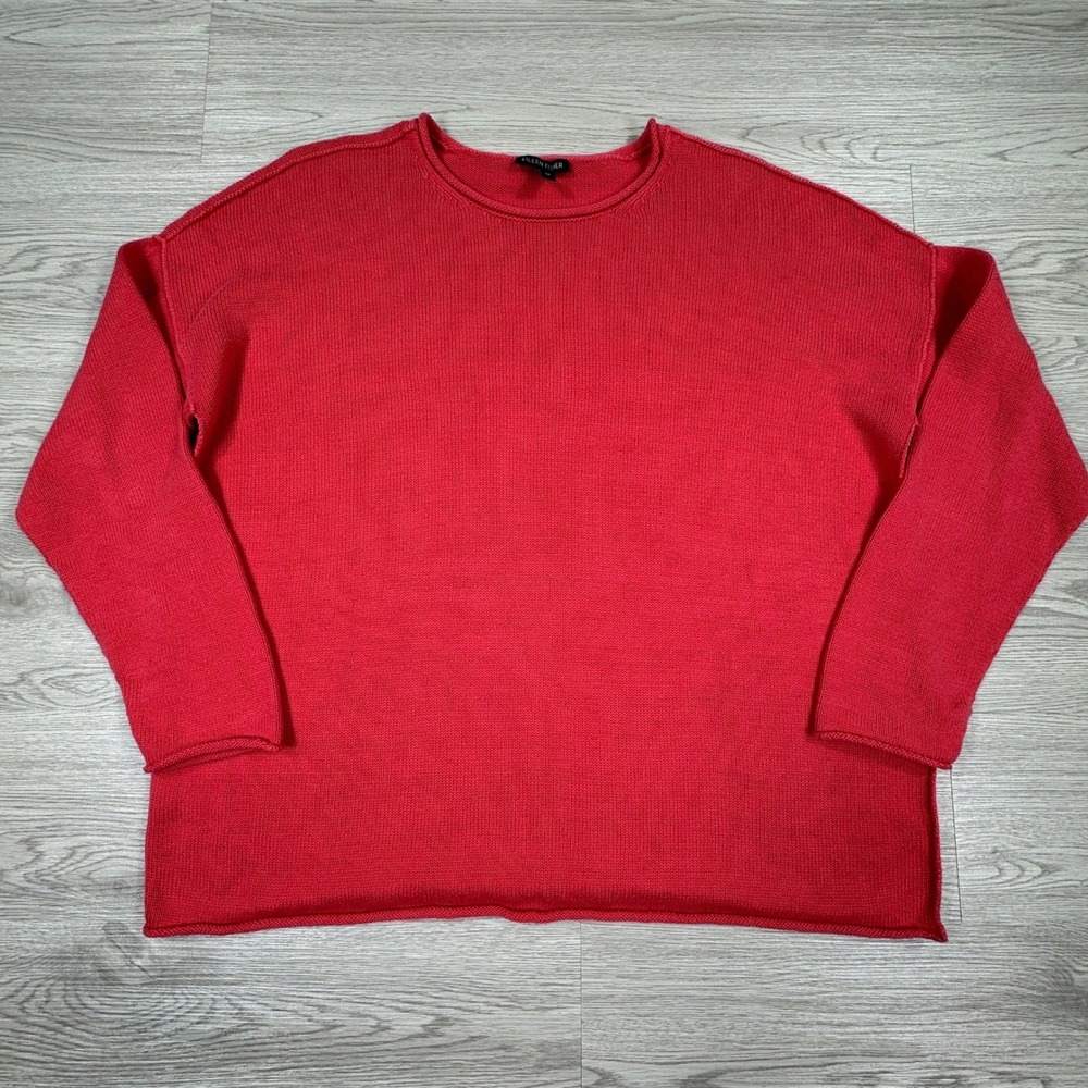 Eileen Fisher Women Sweater Boxy Organic Cotton Tencel Knit Coral Red Small
